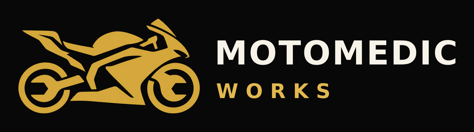 MotoMedic Works gold sportbike and wrench logo with wordmark